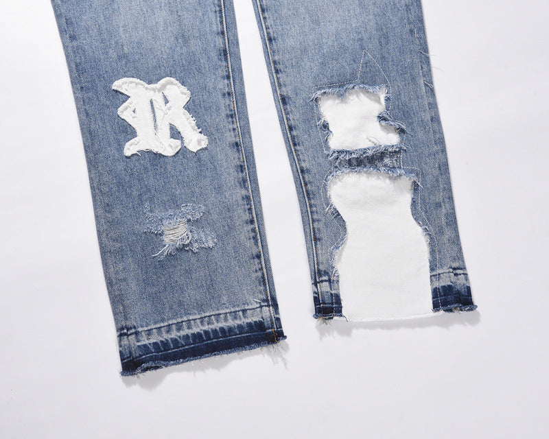 Patchwork Worn Cat Whiskers Denim Beggar Pants
