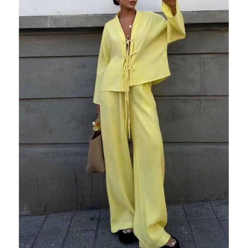 High-end Lace-up Shirt And Pants Casual Fashion Set