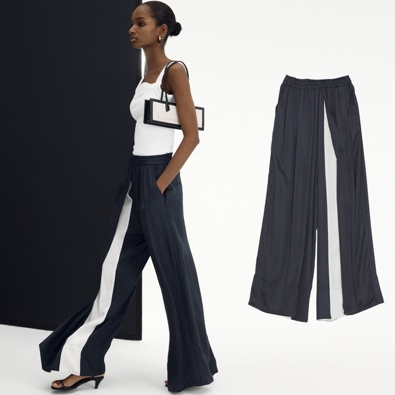 Loose Wide-leg Pants Women's Color Matching Silky Casual Trousers