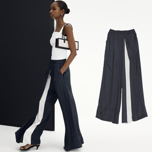 Loose Wide-leg Pants Women's Color Matching Silky Casual Trousers
