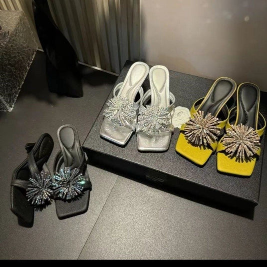 Spring-Summer Fashion Firework Rhinestone Chain High-End Design Influencer Outdoor Wear Non-Slip Square Toe High Heel Sandals