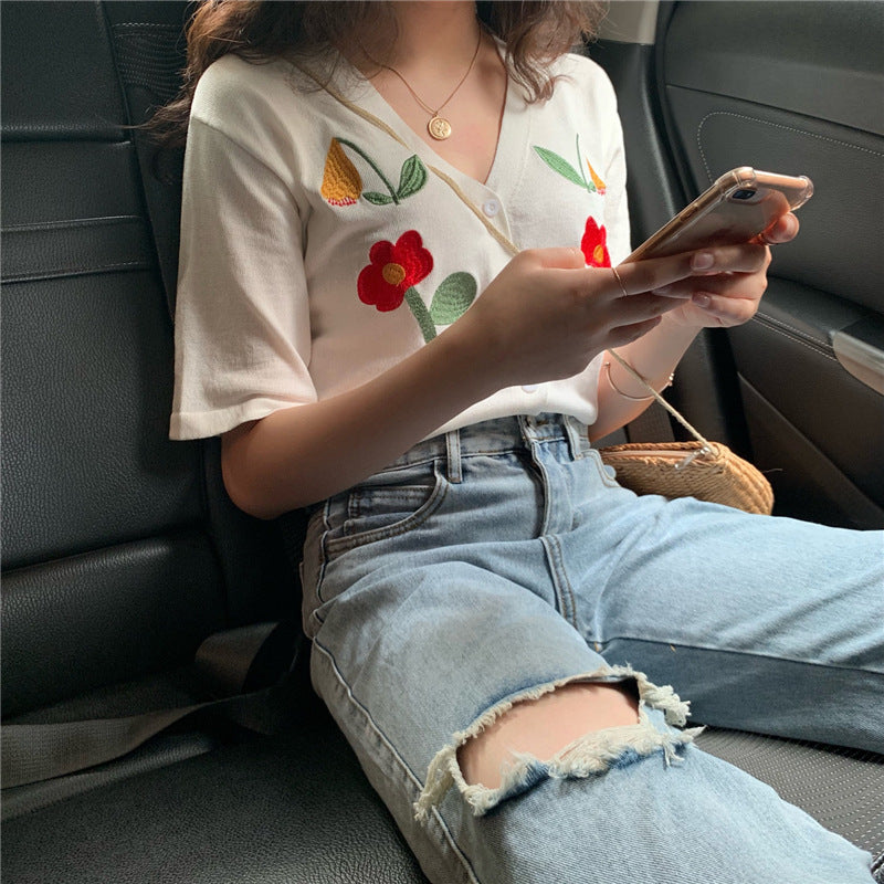 Womens Fashion Floral Plus-Size Knitted Short-Sleeve Top