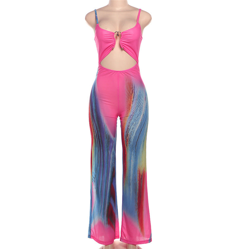 Sommer Ny Sexet Tætsiddende Rygløs Kontrastfarvet Lavtskåret Sling High Waist Jumpsuit