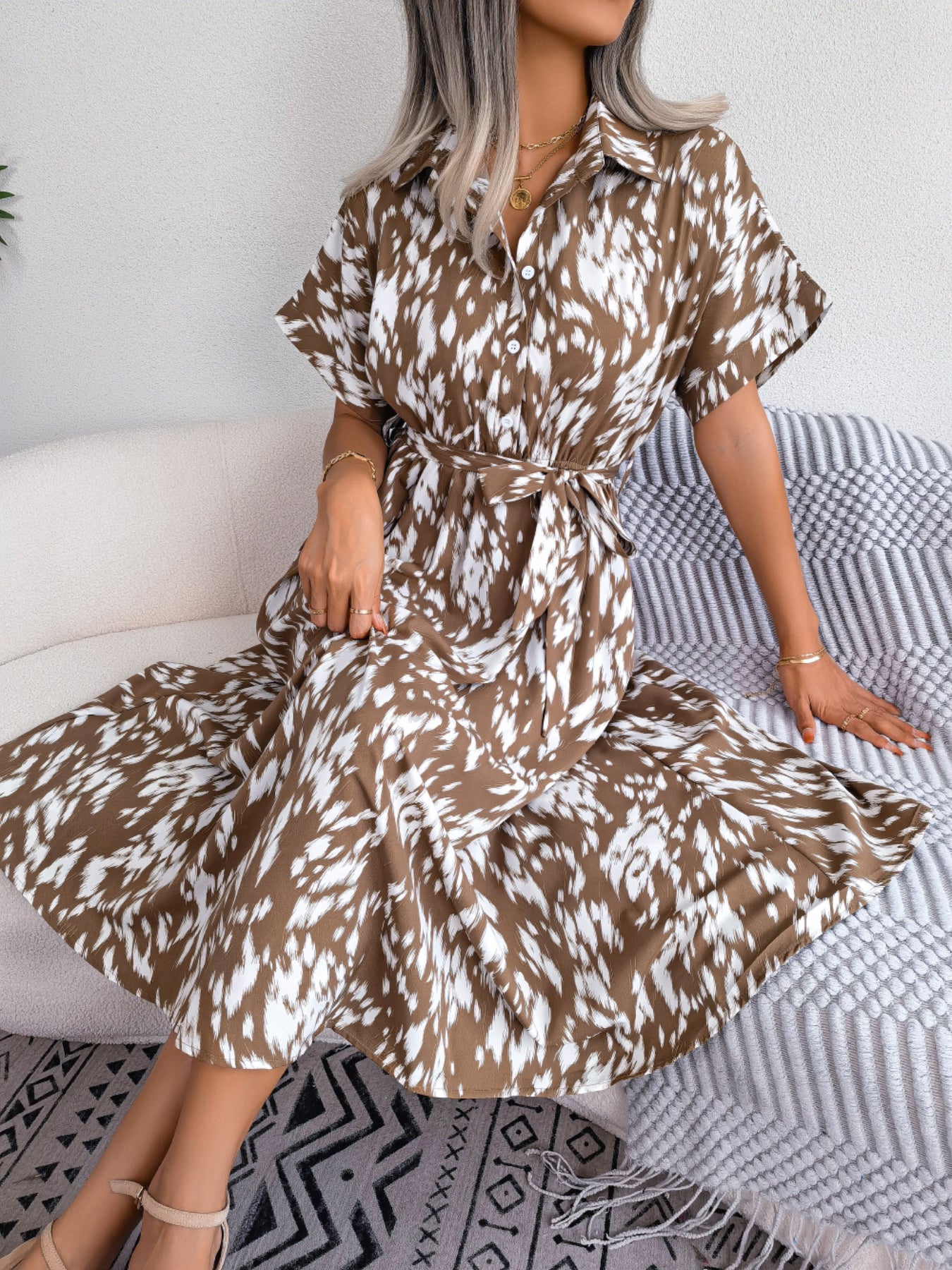 Women's Casual Loose Leopard Print Tie Waist Shirt Dress