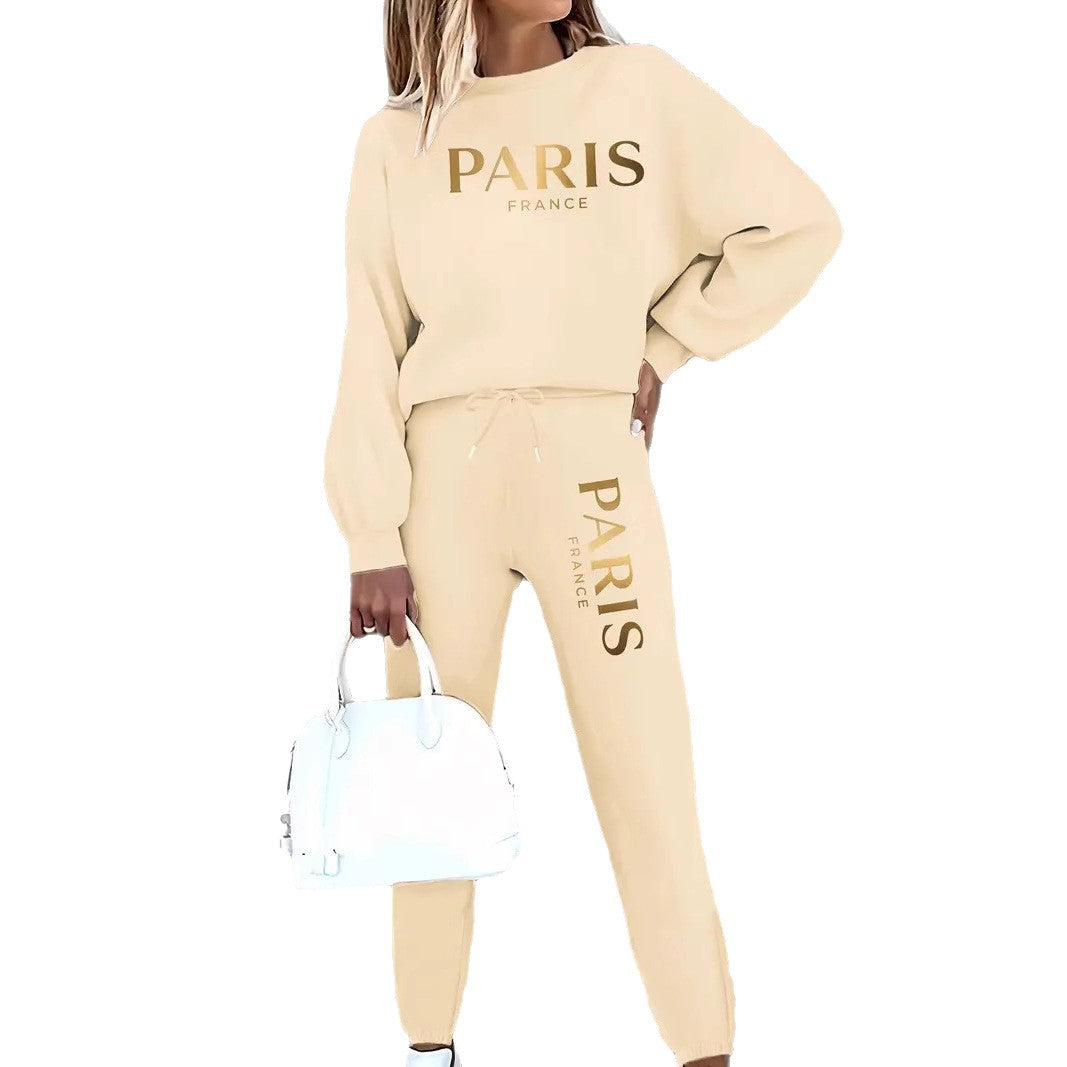 Letter Printing Long Sleeve Crew Neck Sweater Leisure Sports Fleece-lined Suit