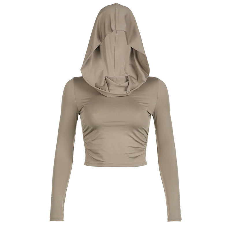 Solid Color Swing Collar Off-shoulder Hooded Top