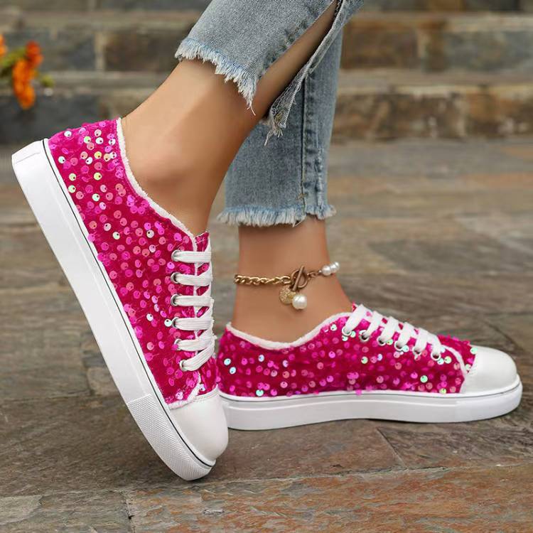 Flade Casual Pumps med Rund Tå, Snørebånd og Pailletter