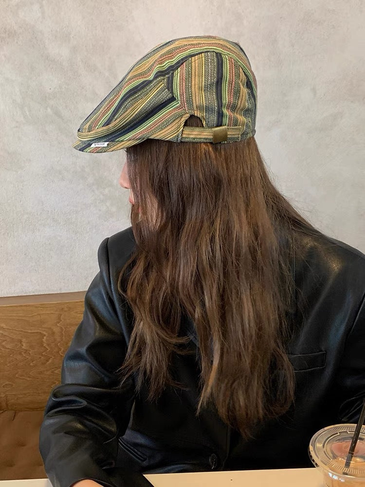 Japanese-style Retro Beret Women's All-matching Striped Plaid Makes Face Look Smaller