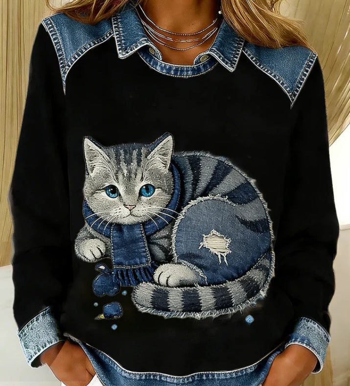 Womens Denim Crew-Neck 3D Digital Print V-Neck T-Shirt
