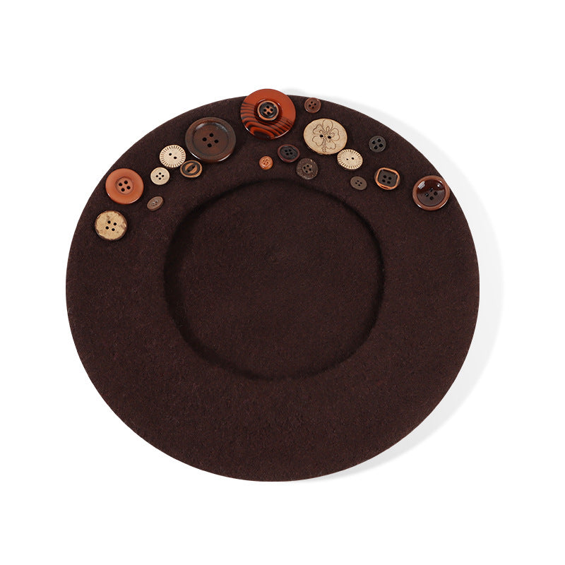 Personalized Yupi Wool Beret Trendy Colorful Button Niche Ladies