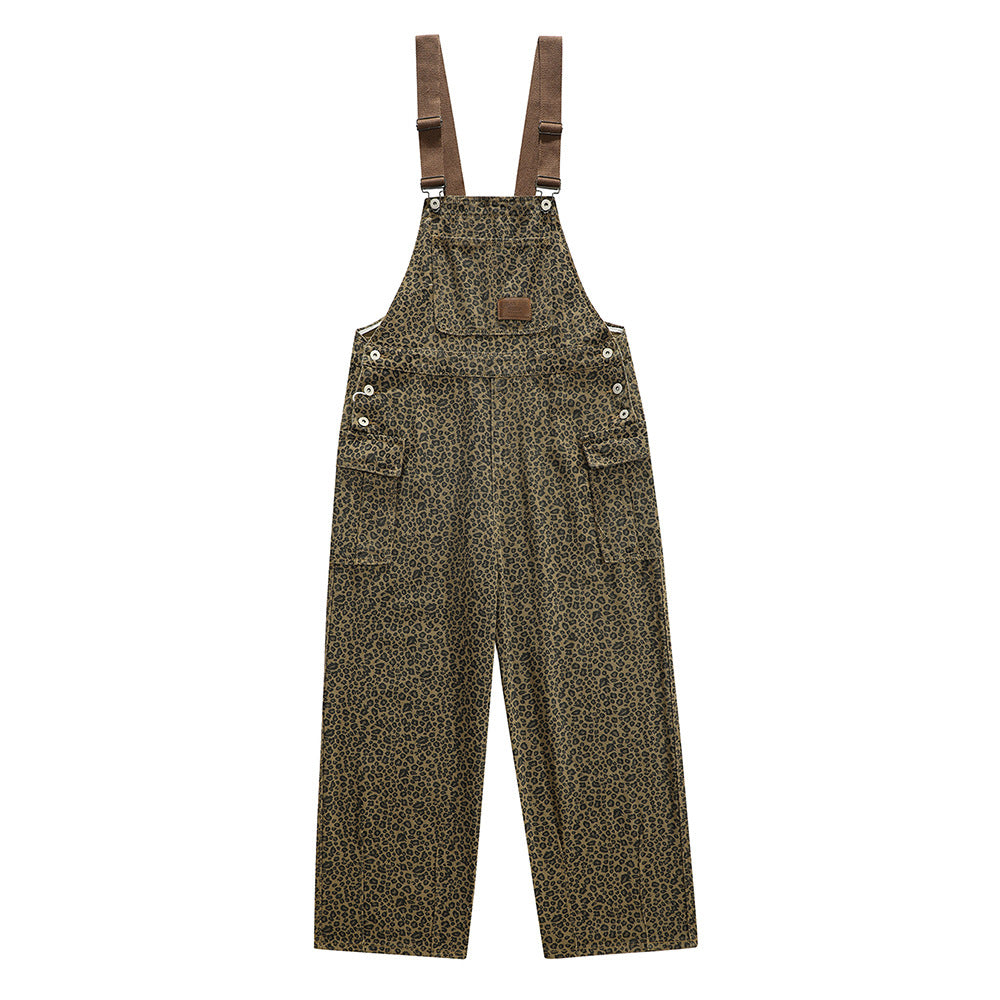 Leopard Print Denim Suspender Pants Men's High Street Loose