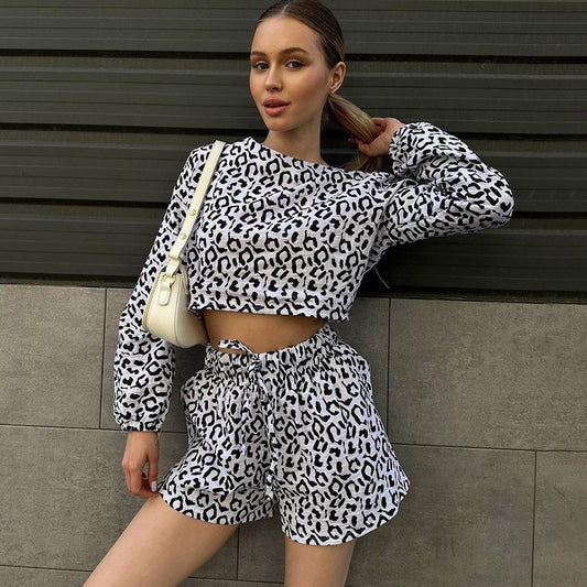 New Arrival 100 Cotton Leopard-Print Long-Sleeve Top And Shorts Two-Piece Set