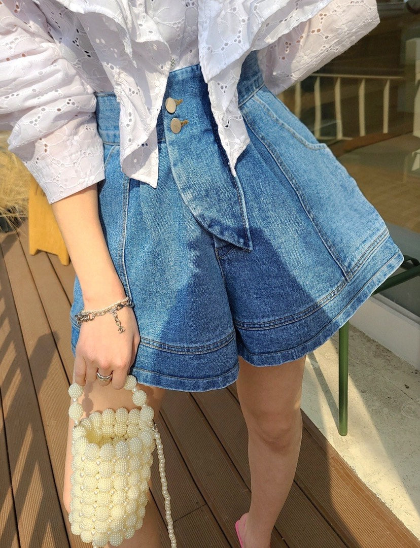 Vintage High Waist Single Breasted Wide Leg Denim Shorts