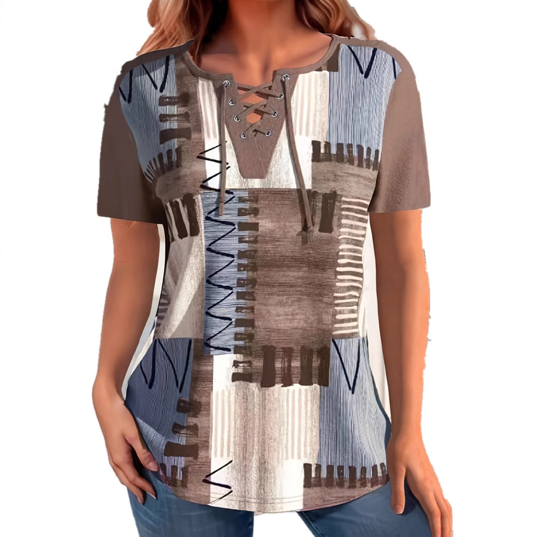 Women's Perforated Lace-up Short Sleeve Light Brown Split T-shirt