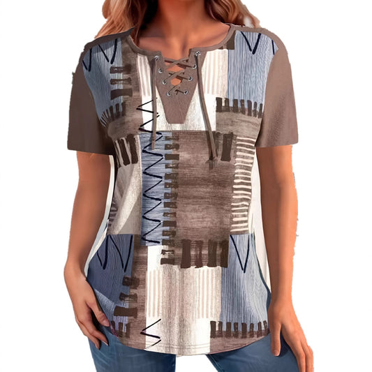 Women's Perforated Lace-up Short Sleeve Light Brown Split T-shirt