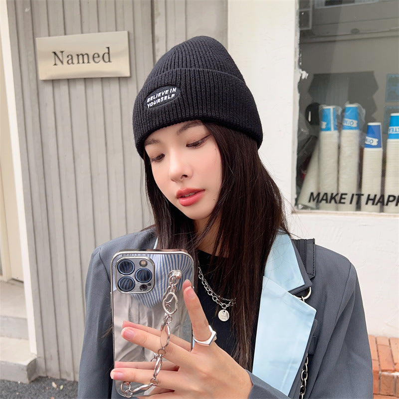 Letter Embroidered Wool Warm Ear Protection Knitted Pullover