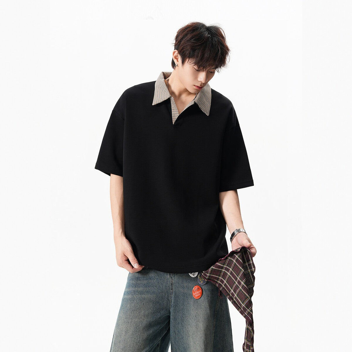 Loose-fit Lapel Short-sleeve Contrast-color Casual Top For Men