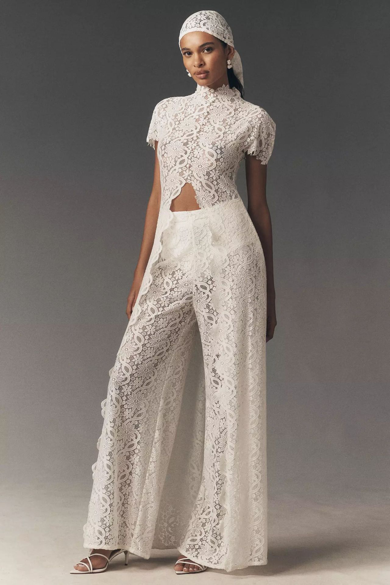 Womens Lace Solid Color Hollow-Out Crew Neck Fashionable Top And Pants Set