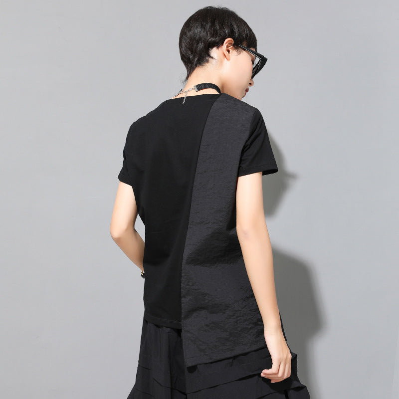 Summer New Women's Short Sleeve Slim Fit V-neck Stitching Personality Wrong Top