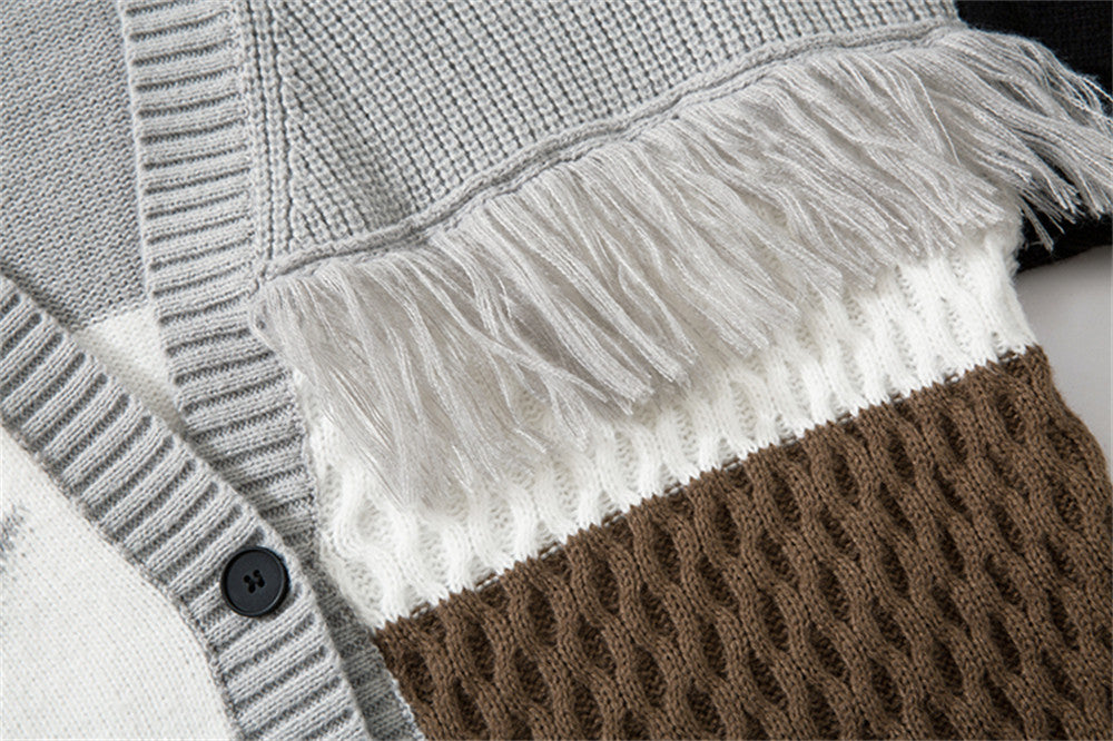 Contrast Color Tassel V-neck Knitted Cardigan Men's Coat