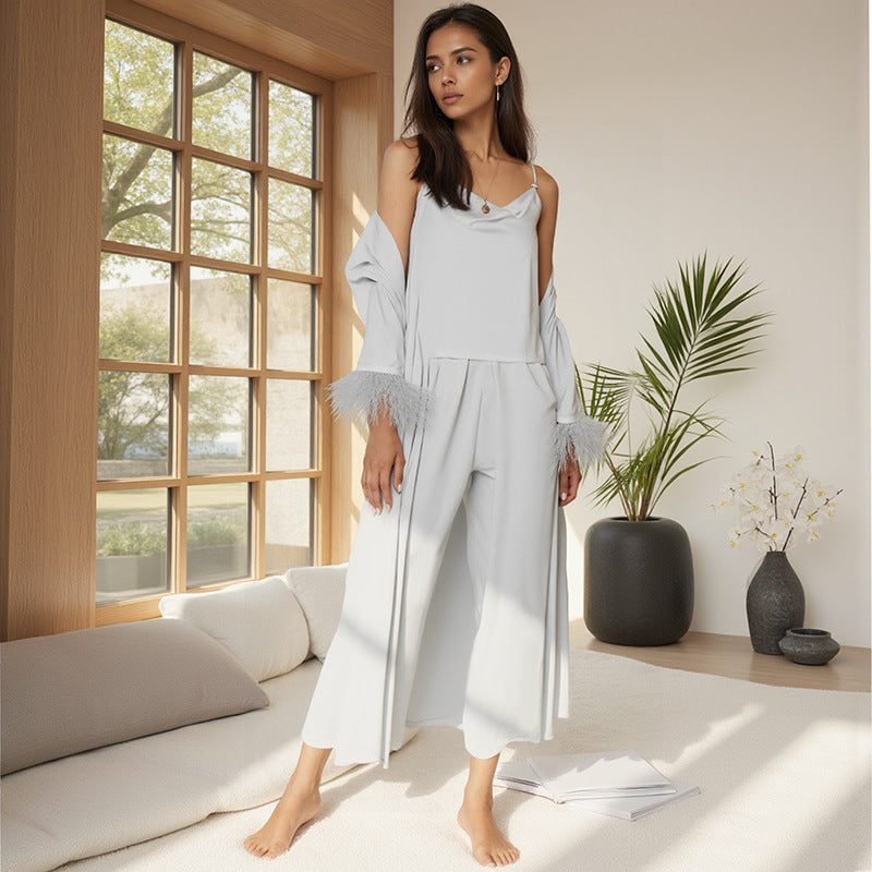 Sexy Satin Velvet And Ice Silk Pajamas With Feathers Camisole Robe And Long Pants Loungewear