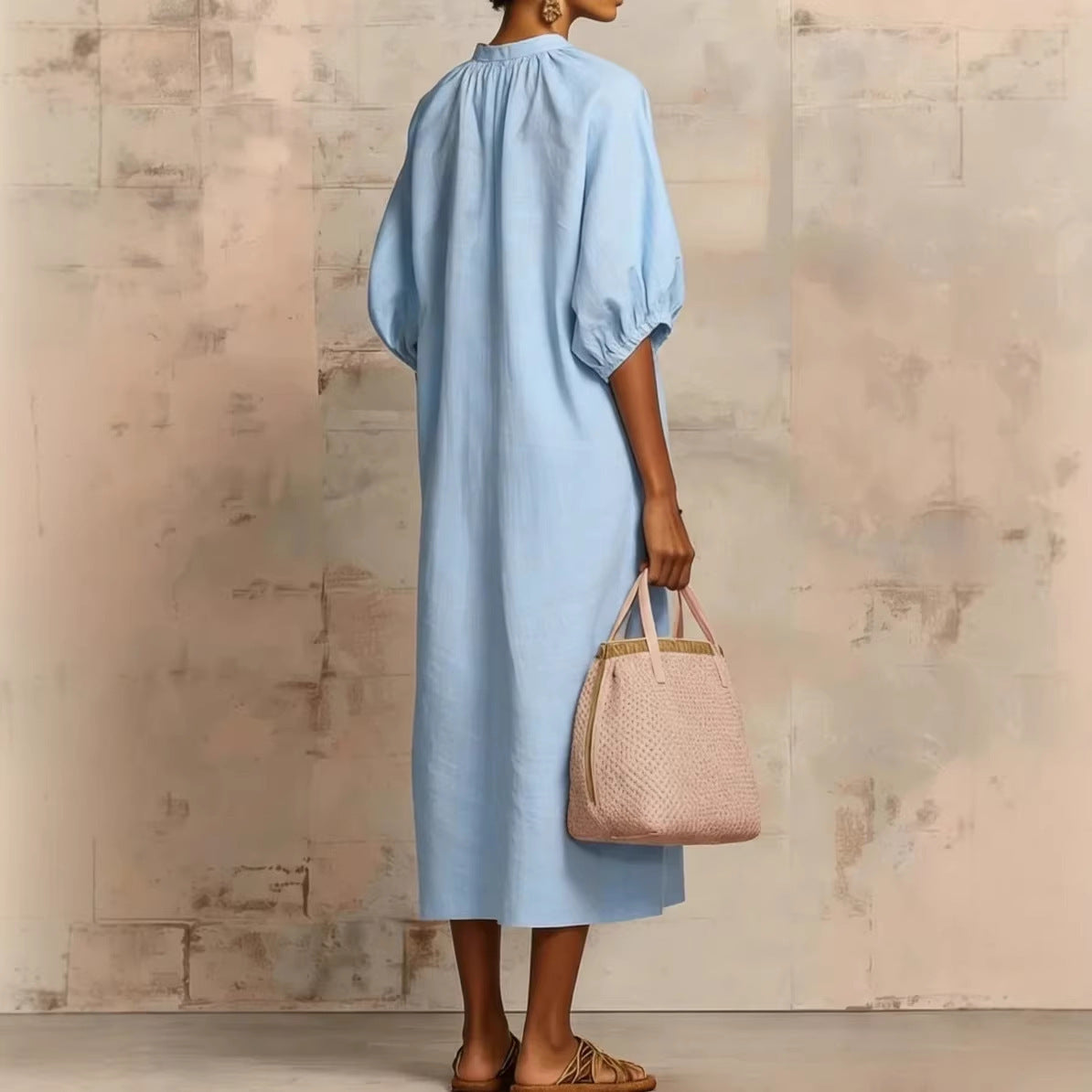 Womens Solid-Colored Cotton-Linen Loose-Fit Casual Puff-Sleeve Dress