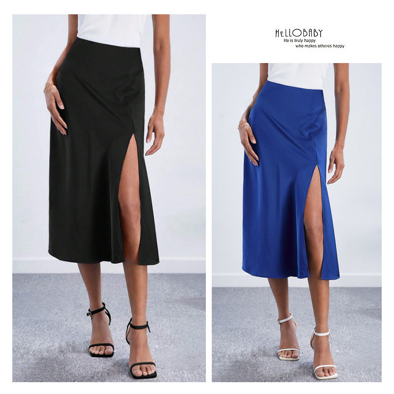 High-waist Satin Skirt, Slit Long Skirt, Satin Midi Skirt, Spring New Style