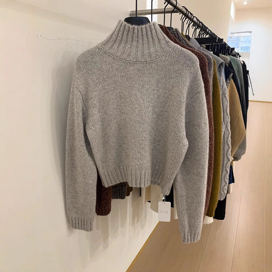 French Loose High Collar Short Section Cashmere Sweater Women