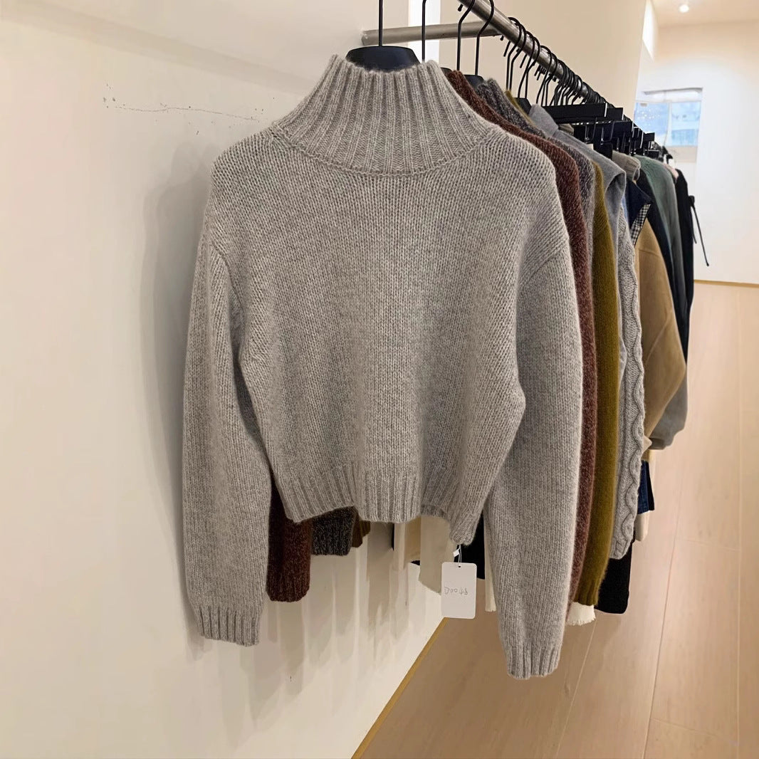 French Loose High Collar Short Section Cashmere Sweater Women