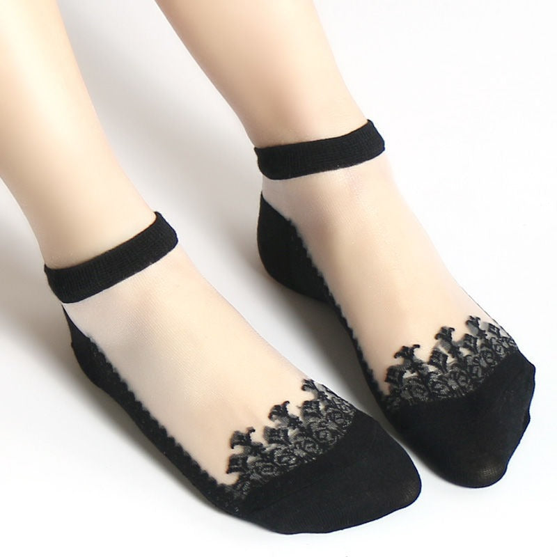 Thin Sheer Lace-trimmed Crystal Jacquard Ankle Socks
