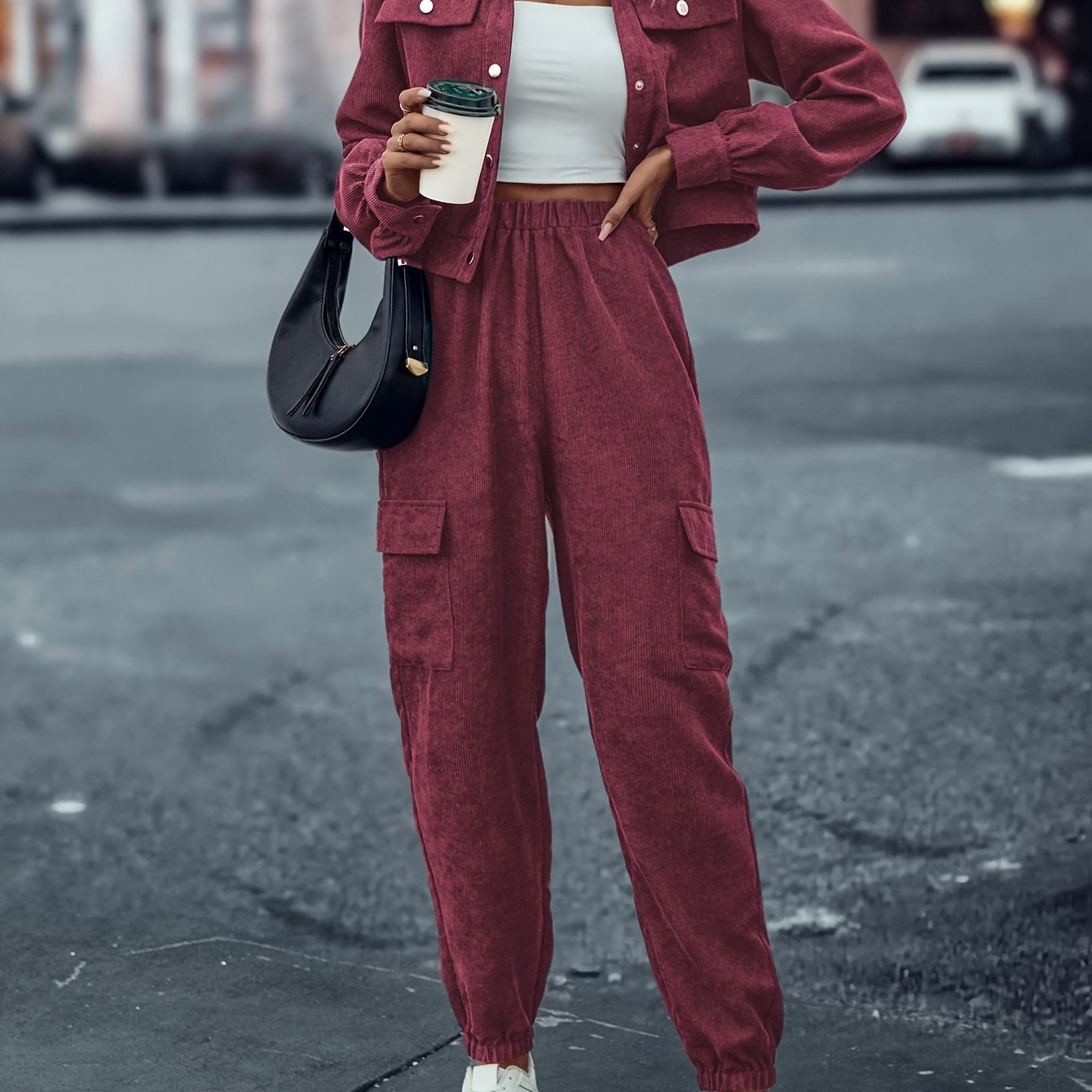 Women's Casual Suit Long-sleeved Single-breasted Jacket And Cargo Pants