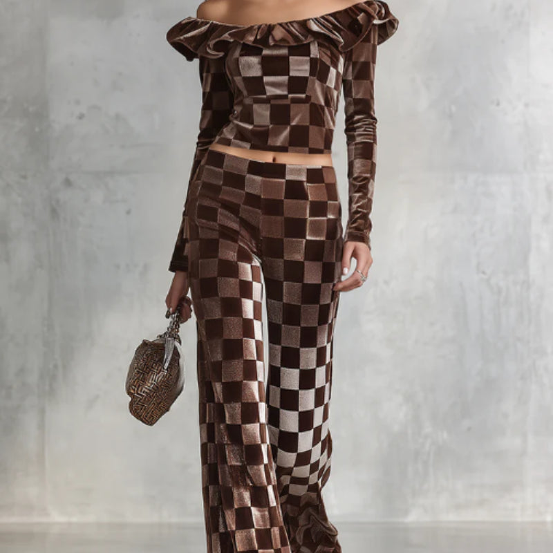 Sporty And Elegant Ruffle Off the shoulder Velvet T shirt And Pants Set