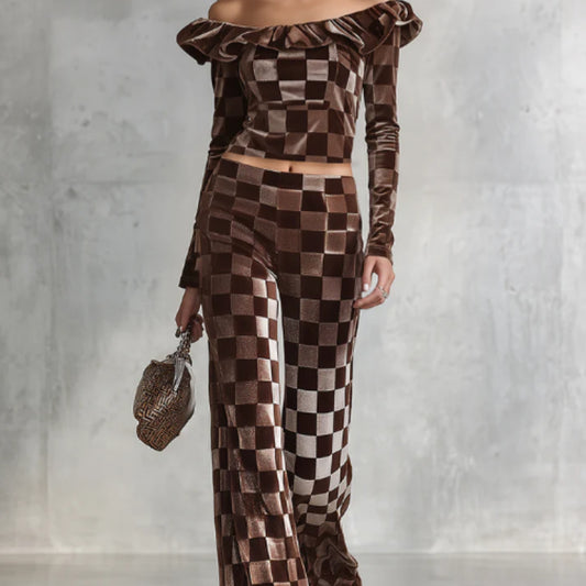 Sporty And Elegant Ruffle Off the shoulder Velvet T shirt And Pants Set