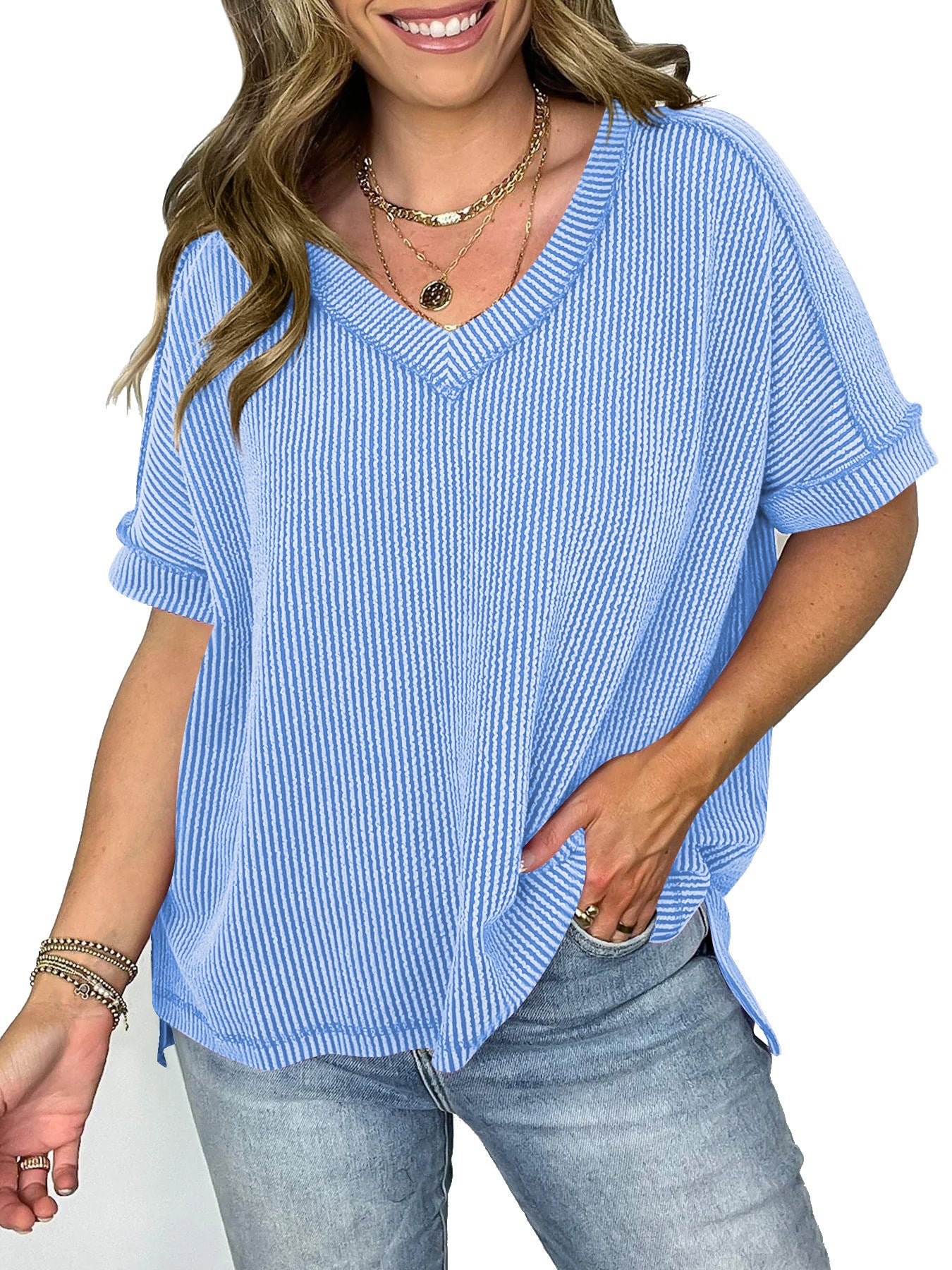 New Twist Strip V-neck Pullover T-shirt