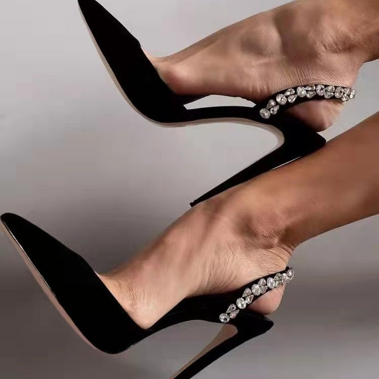 Rhinestone Side Empty Pointed High Heel Light Diamond Sandals