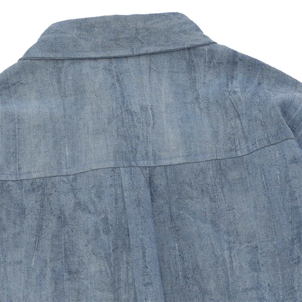Simple Embroidered Linen Cotton Distressed Shirt For Men