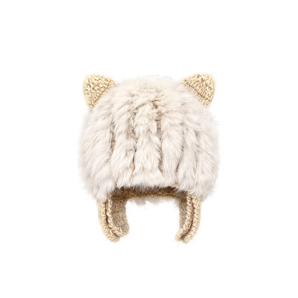 Japanese Cute Cat Ears Plush Rabbit Fur Knitted Sleeve Cap Female