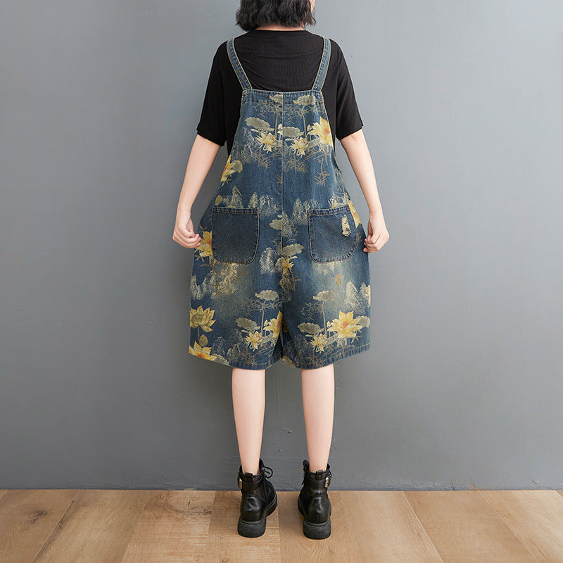 Women's Summer Fashion Denim Suspender Print Shorts
