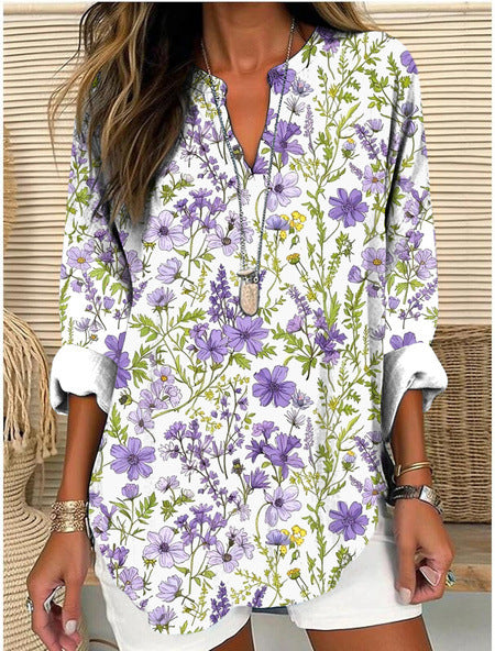 Womens Fashionable Loose Shirt With 3D Floral Print And V-Neck