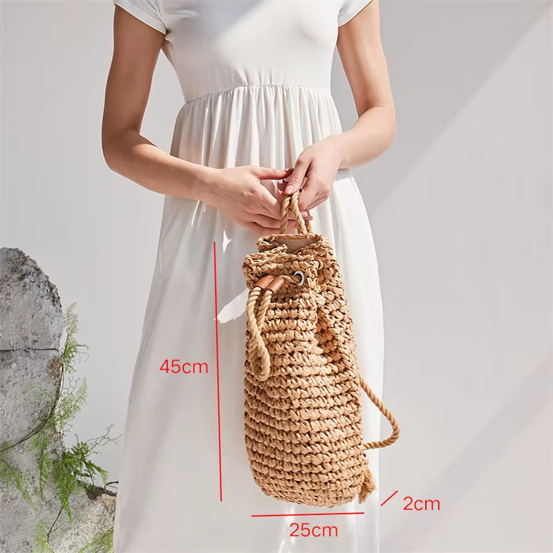 2023 Summer Women's Handmade Straw Backpacks - Casual Drawstring Beach Shoulder Bags in Raffia Rattan Woven Design