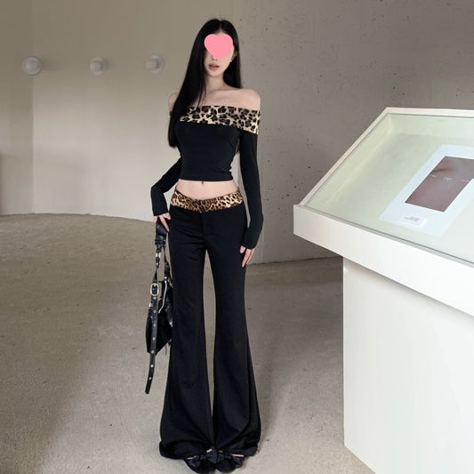 Off-shoulder Leopard Splicing Long Sleeve Autumn And Winter American Hot Girl Suit