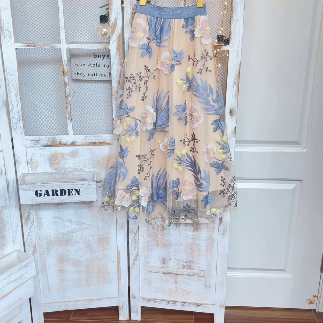 New Mesh Floral High Waisted Elastic Skirt