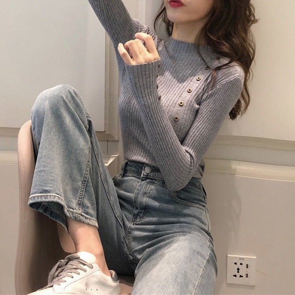 Autumn And Winter Button Half-high Collar Women's Sweater