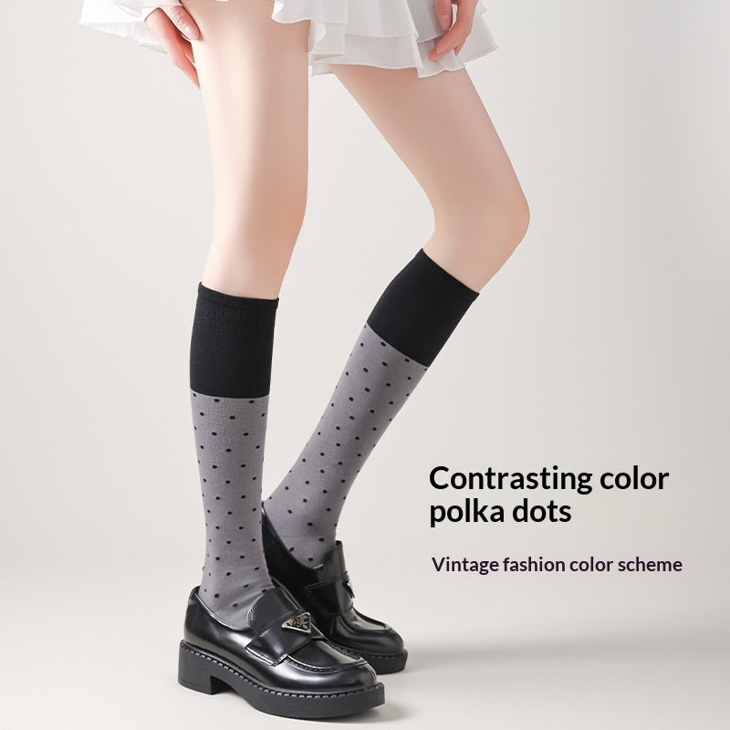 Korean-style Polka-dot Contrast-color Womens Calf Sweet And Versatile Knee-high Puff Socks Made Of Cotton