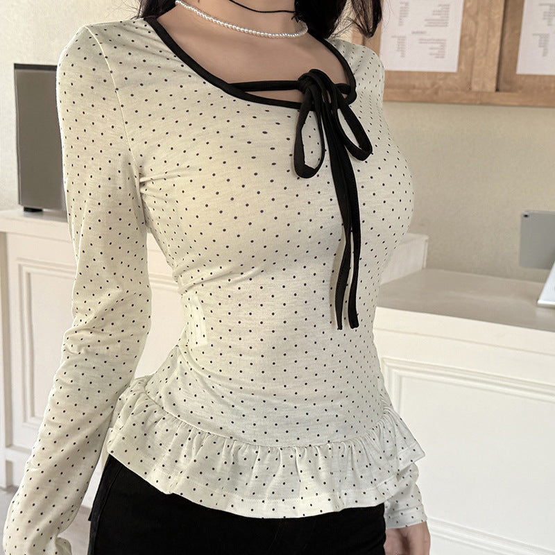 Polka-dot Printed Lace-trimmed Long-sleeve Top For Women