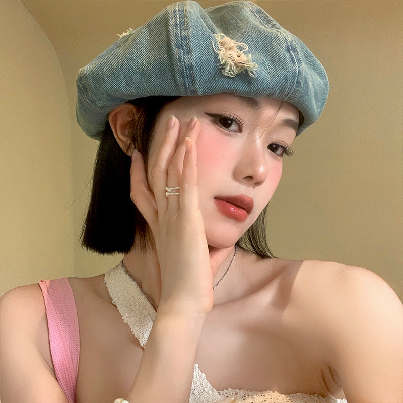 Korean Retro Make Old Ripped Denim Beret