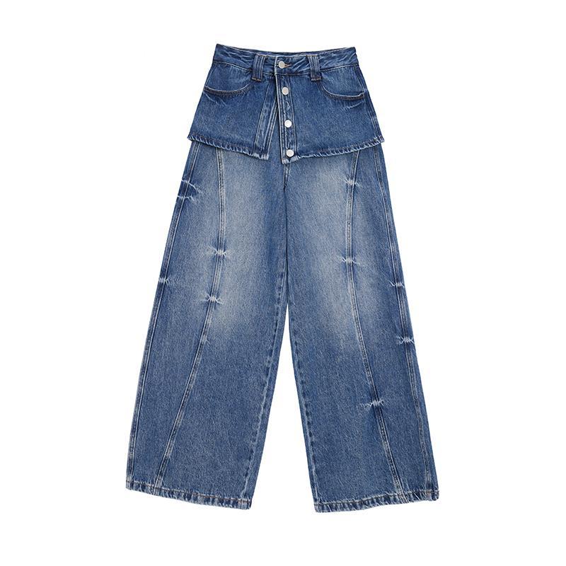 Retro Distressed Faux Two-piece Design Wide-leg Denim Jeans