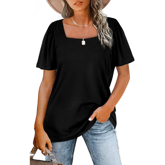 Gathered Striped Square Neck Short Sleeve T-Shirt Women