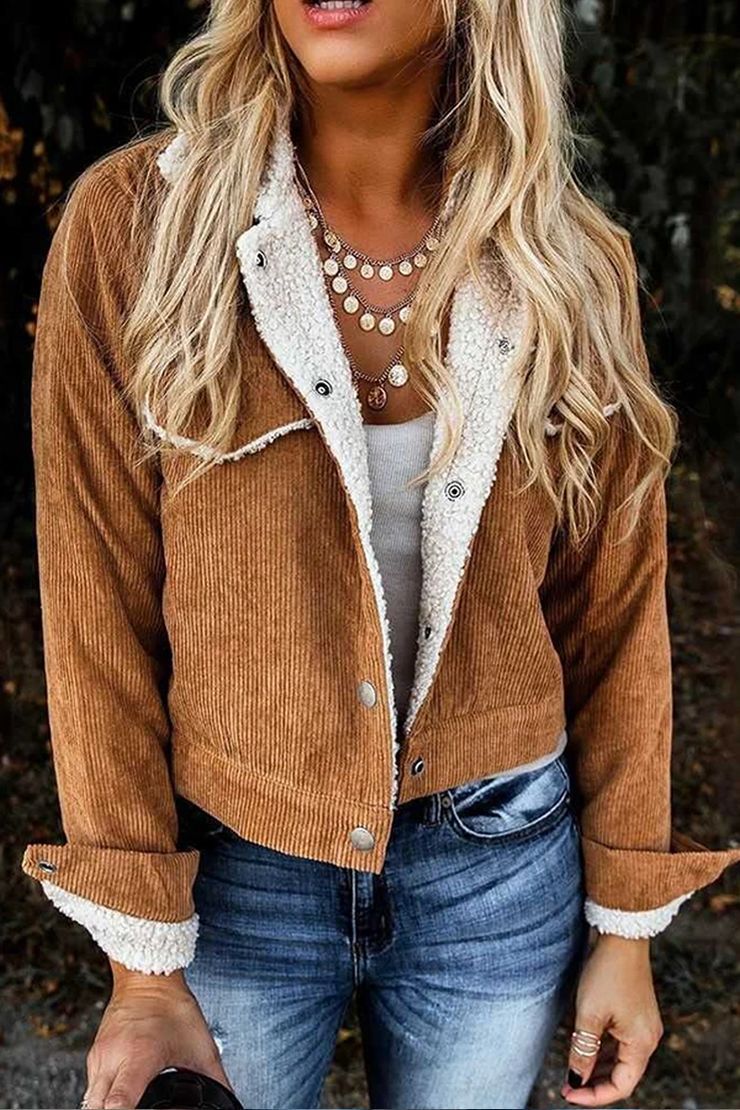 Ladies Wool Collar Lamb Wool Corduroy Stitching Jacket