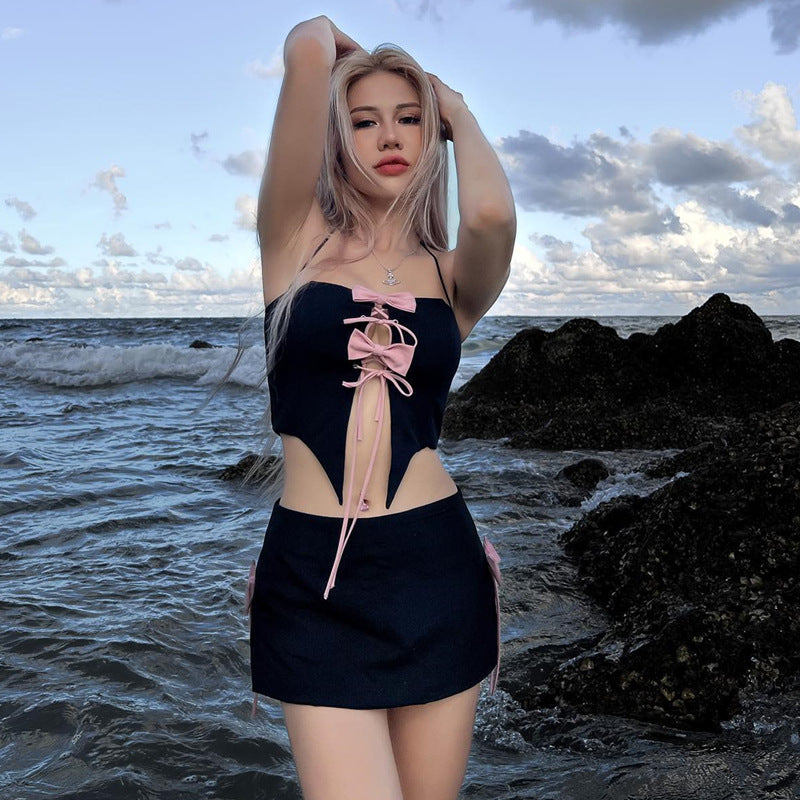 Summer Sexy Pure Desire Bow Bandage Halterneck Vest Stitching Skirt Suit